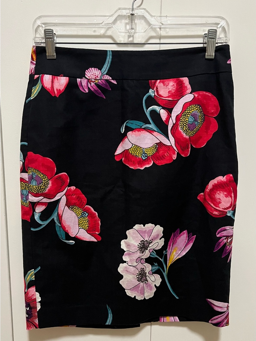 Ann Taylor Black Pencil Skirt with Red & Pink Floral Print